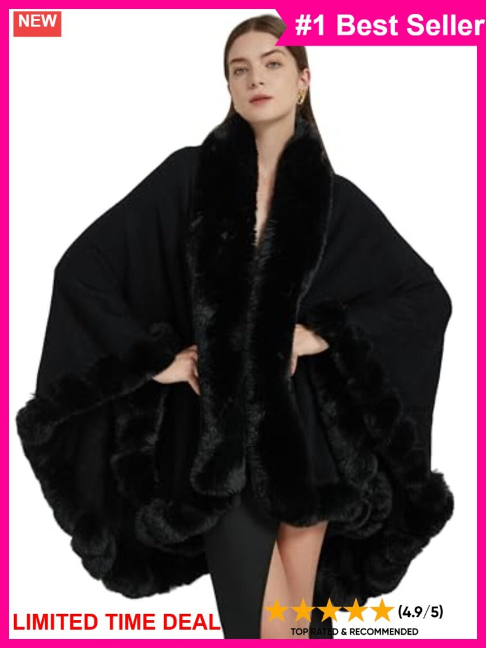 Faux Fox Fur Trim Cardigan Cloak Shawl Wrap Winter Poncho Cape
